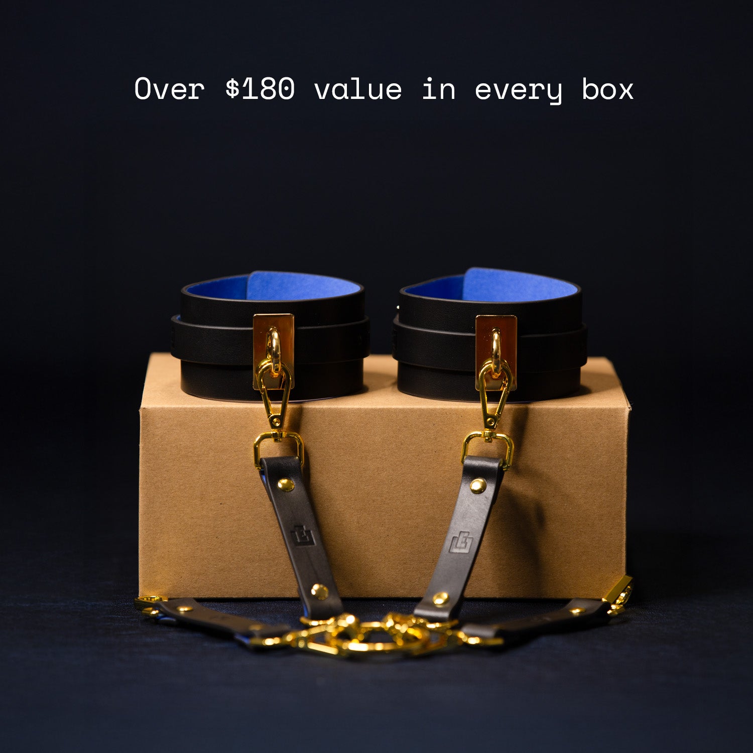 Box with black leather straps and gold buckles on a dark background. Copy reads: Over $180 in value in every box