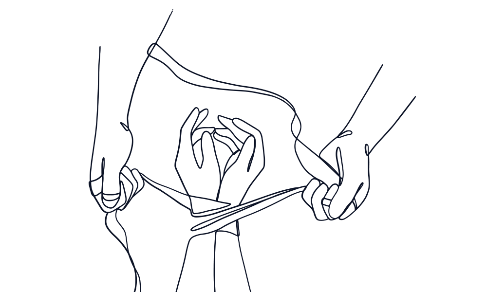 Playful illustration of a person tying shibari rope around another's wrists.