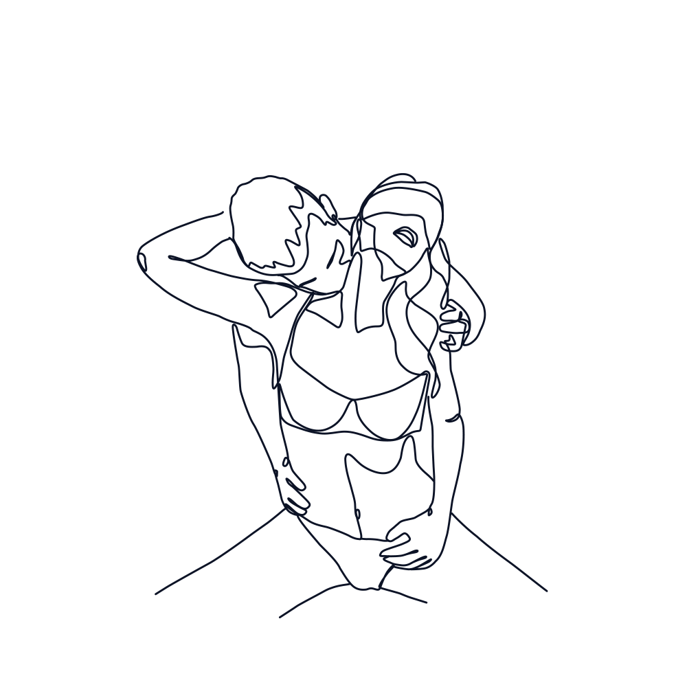 Playful illustration of a man and woman. Woman wearing a blindfold. 