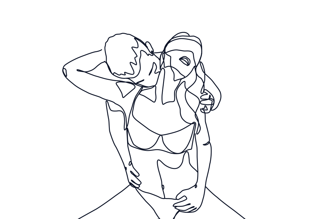 Playful illustration of a man and woman. Woman wearing a blindfold. 